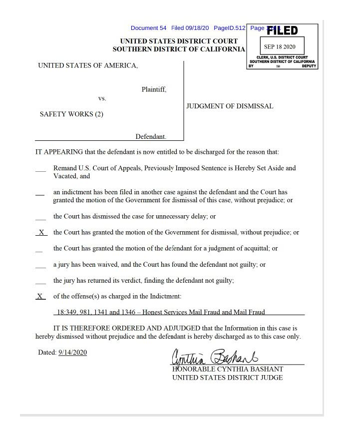 Stepaniuk Legal Case Dropped - Judgment of Dismissal for Safety Works Inc. confirming the dismissal of charges.